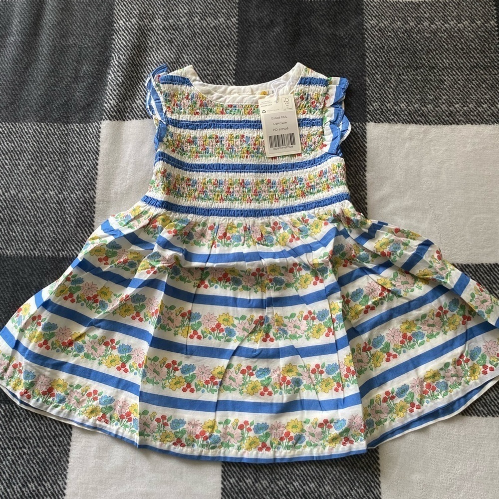 Mini Boden Smocked Woven Blue Dress in Spring Flowers Floral Print 6-9M